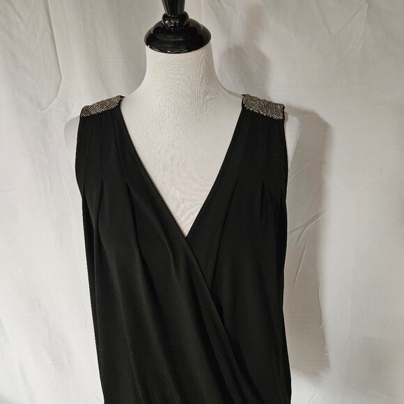 Guess by Marciano Black Bead Embellished Shoulders Deep V-Neck Dressy Blouse - Picture 2 of 12